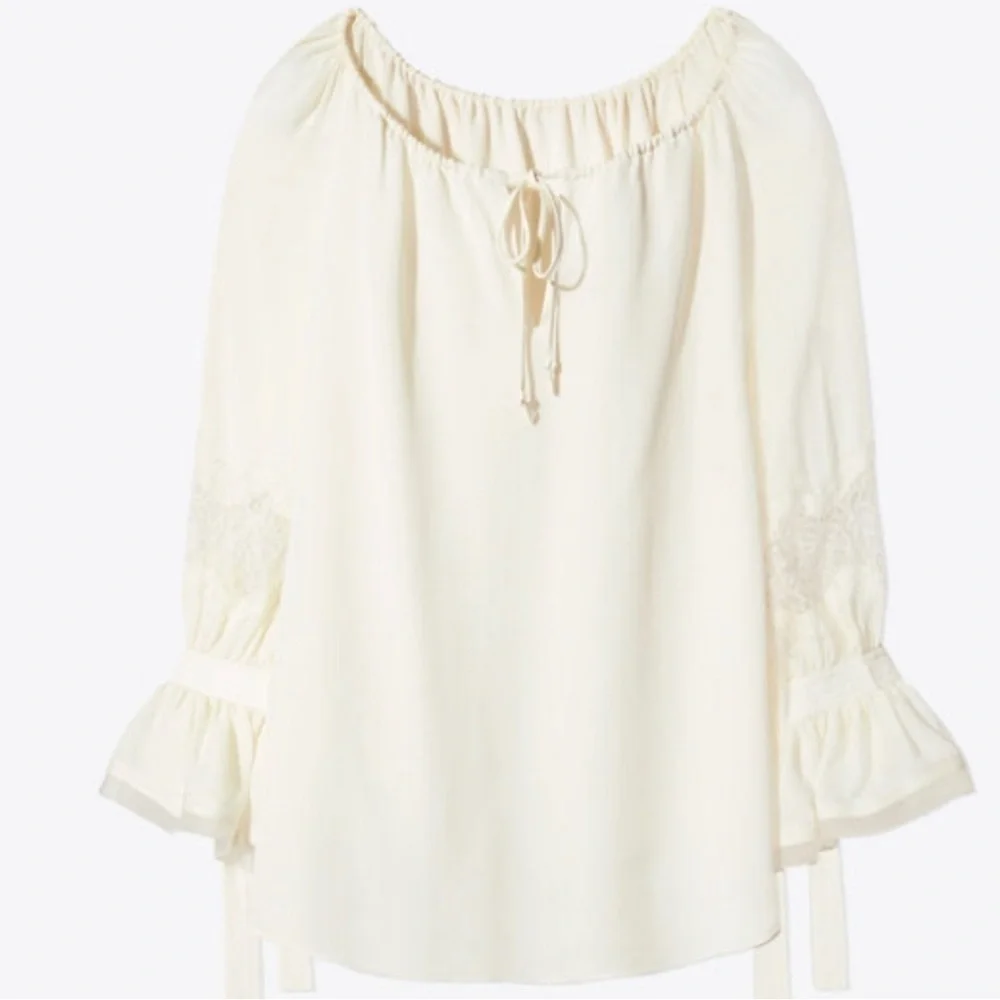Tory Burch Christy Boat Neck, Lace Inset Long Sleeve Silk Blouse Small